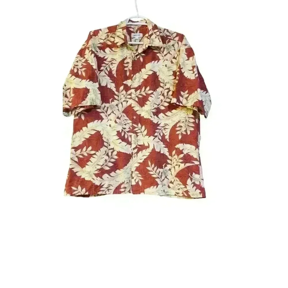 Pierre Cardin Shirt Large Red Hawaiian Floral Fern Cotton Button Vacation Cruise